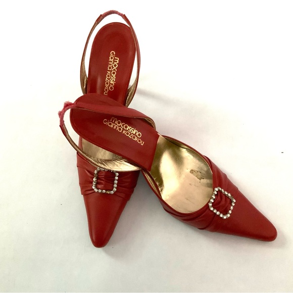Mocassino Red Leather Slingback with rhinestones - Picture 2 of 4